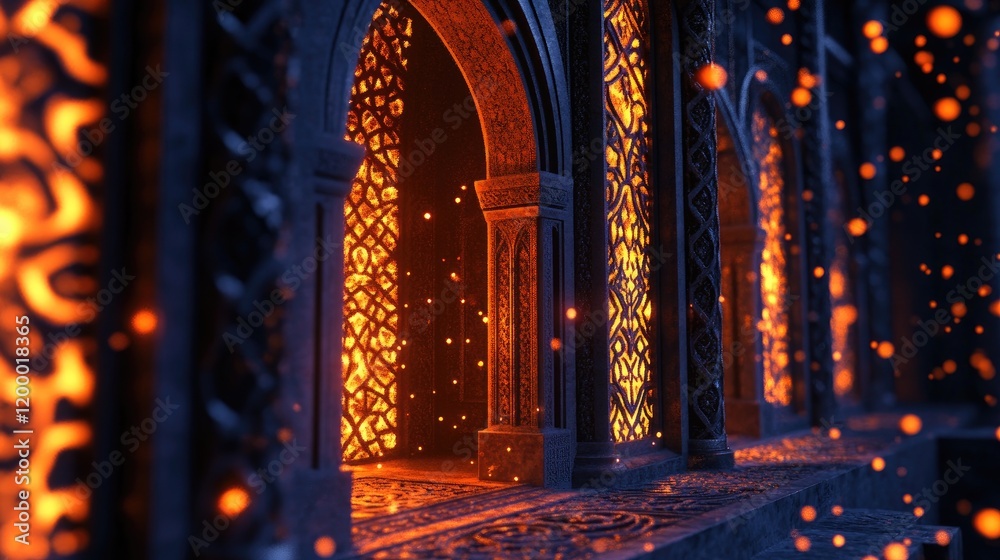 Poster glowing arches in an ancient stone structure