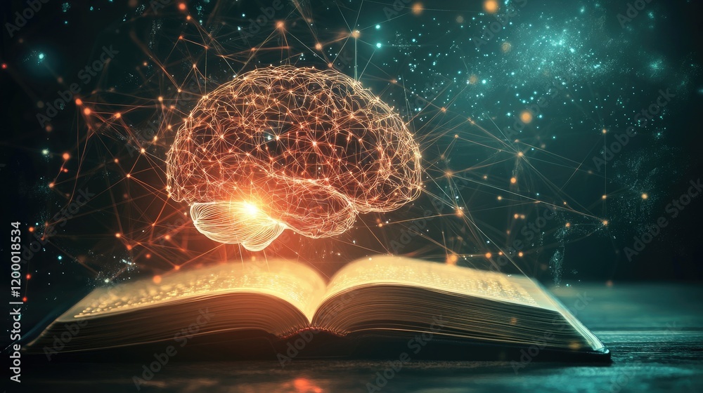 Poster illuminated brain above open book knowledge acquisition