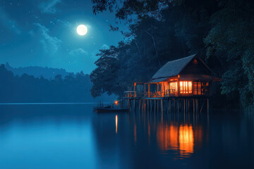 Boathouse surrounded by twinkling lights on the water under a starry night sky.