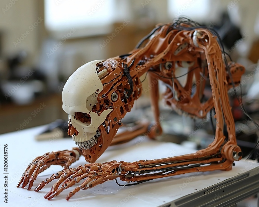 Poster robotic skull model in a submissive pose.