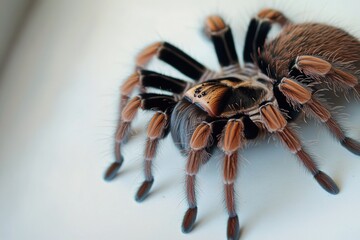 A large spider sits on top of a white surface, waiting for prey