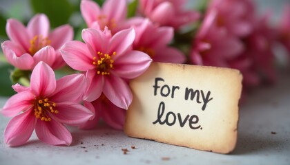 Romantic Scene with Pink Flowers and For My Love Card, Blurred Background