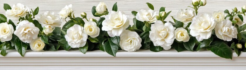 Serene white flowers on white mantelpiece, minimalist home decor inspiration elegant