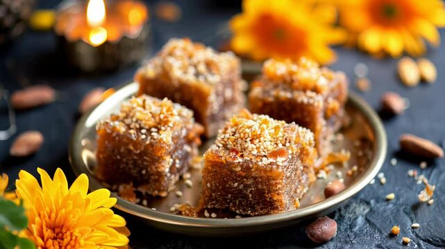 Traditional indian sweets served on a festive occasion with marigold decorations Makar Sankranti and Pongal traditional dessert