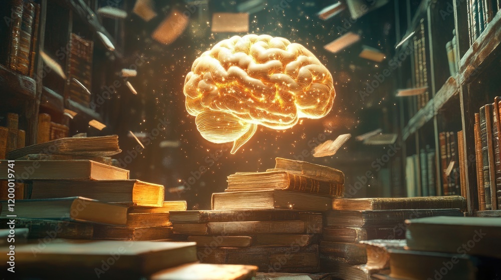 Poster illuminated brain above stacks of ancient books