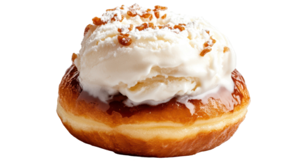 Delicious donut topped with vanilla ice cream and caramel drizzle. transparent background