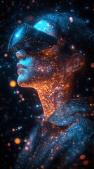 A person with glowing skin wears VR goggles amidst a shower of light particles. Ideal for illustrating metaverse experiences, immersive technology, or digital art.