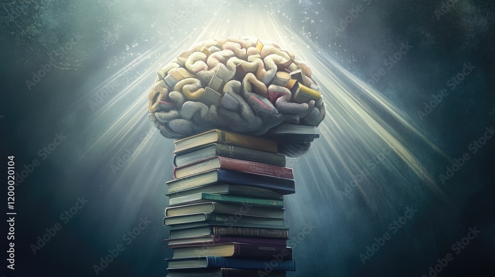 Poster a brain formed from books rests upon a stack of books
