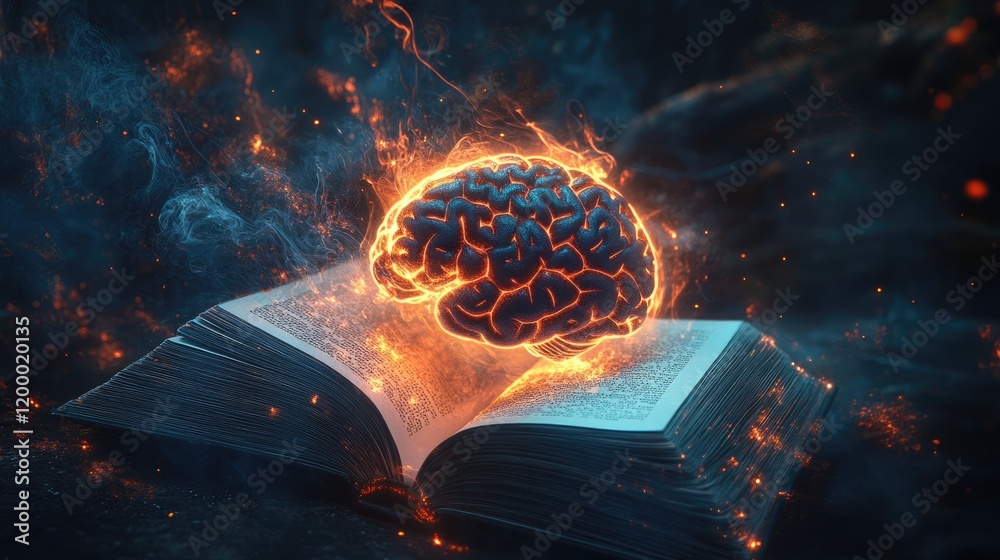 Poster Flaming Brain Above Open Ancient Book Of Knowledge