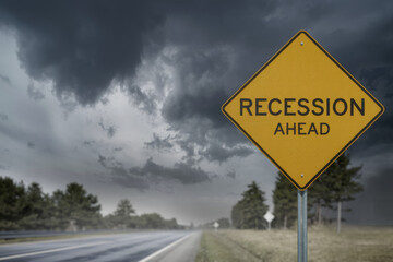 Recession ahead - road sign warning concept 
