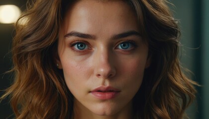 Obraz premium Extreme Closeup of a Confident Girl's Face with Detailed Skin Texture and Blue Eyes