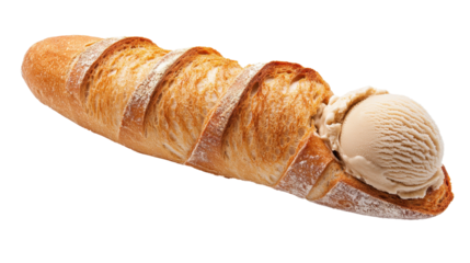 Delicious ice cream nestled in a fresh bread roll. transparent background