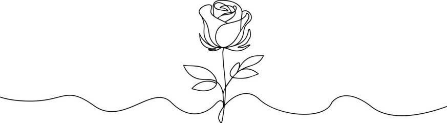 Rose one line drawing. Abstract flower continuous line. Minimalist contour drawing of rose . Continuous line drawing of flower rose . Hand drawn sketch of flower with leaves.