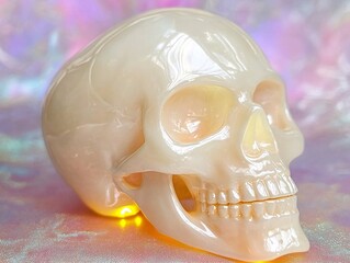 Fototapeta premium Glowing Pearl Human Skull Model on Iridescent Background