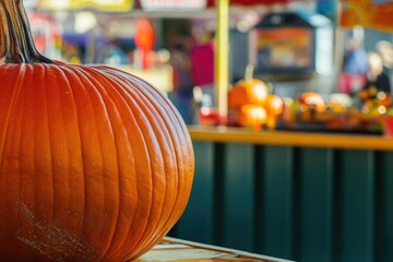 A pumpkin sitting on a wooden table, perfect for fall or harvest themed uses