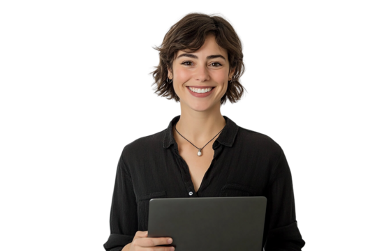 Cheerful woman in a black shirt, holding a laptop with one hand, smiling naturally, with a white transparent background.

