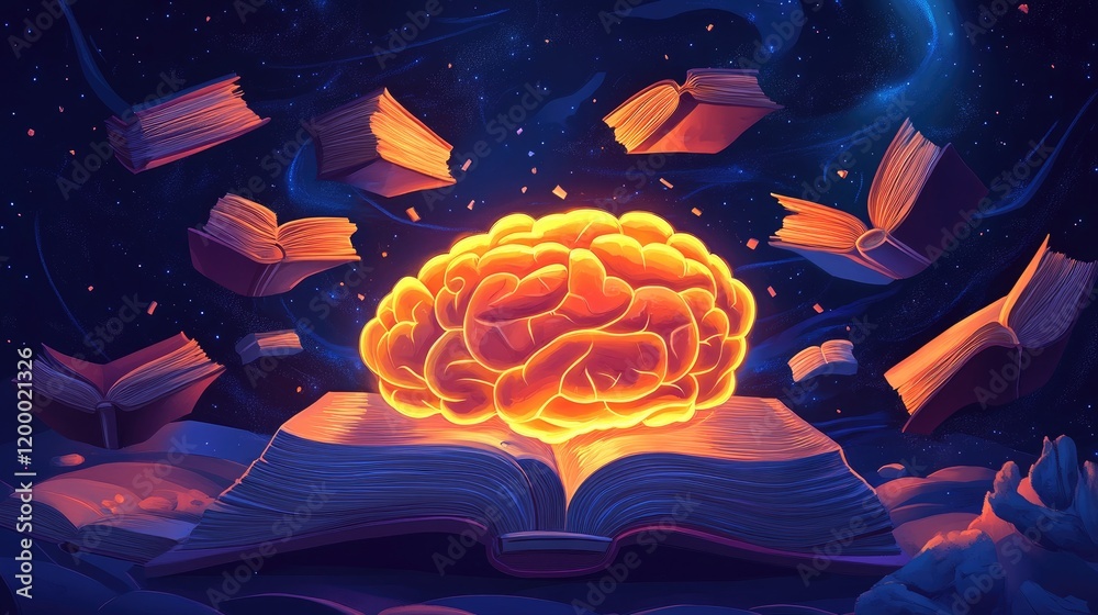 Poster glowing brain emerging from open book surrounded by flying books