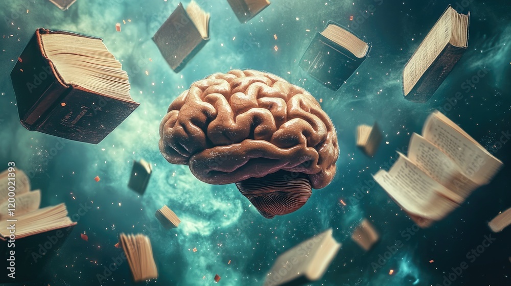 Poster a human brain surrounded by floating books