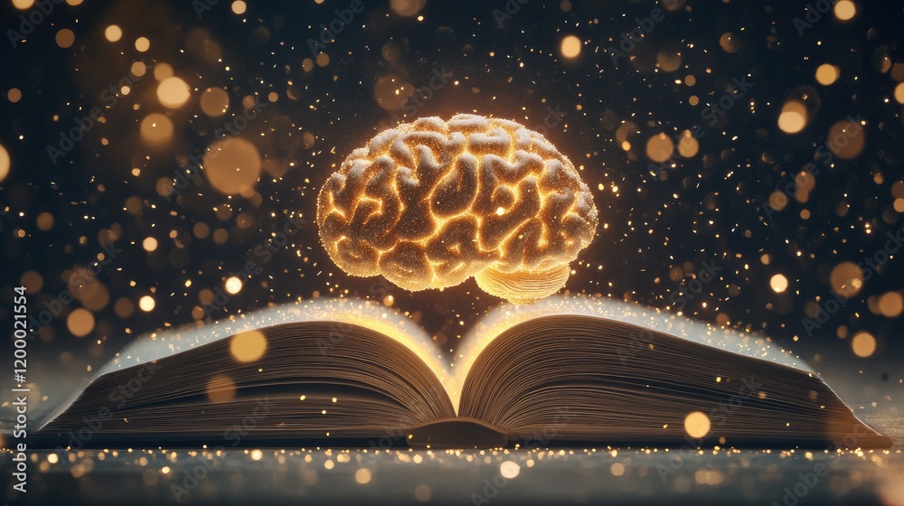 Poster Illuminated Brain Above Open Book Representing Knowledge