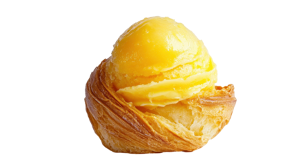 Delicious pastry with creamy yellow filling placed on white background. transparent background