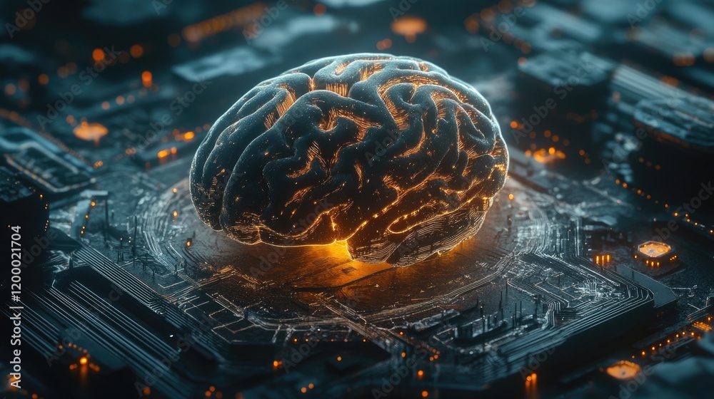 Poster Illuminated Brain Resting on a Circuit Board