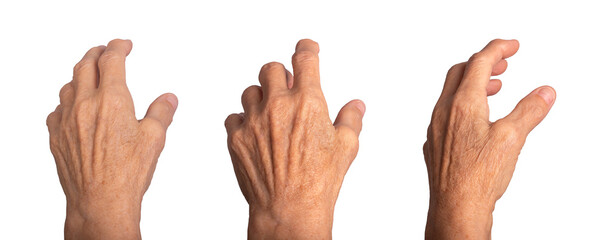 Outstretched elderly female hand reaching with wrinkled fingers, dorsal view, motion expressing...