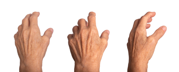 Outstretched elderly female hand reaching with wrinkled fingers, dorsal view, motion expressing touch or catch, visible veins and non-verbal gesture. Isolated on white background.