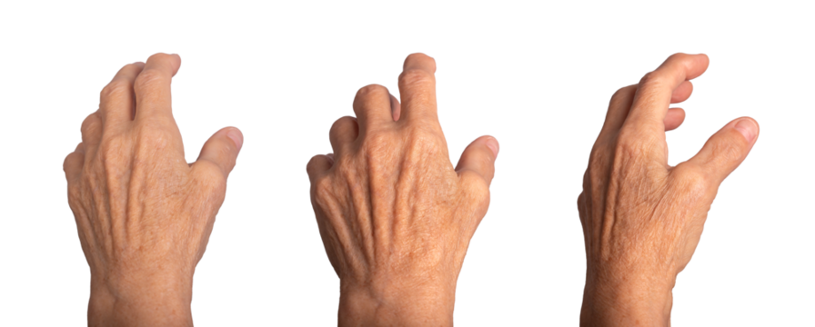 Outstretched elderly female hand reaching with wrinkled fingers, dorsal view, motion expressing touch or catch, visible veins and non-verbal gesture. Isolated on white background.