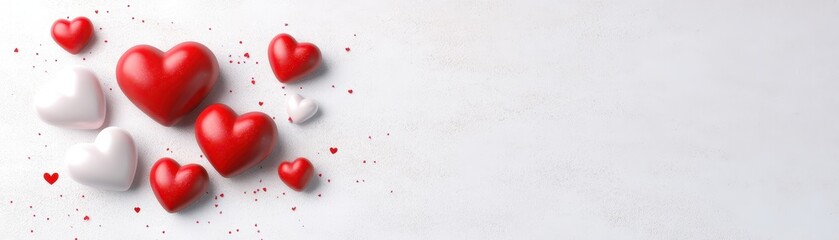 Fototapeta premium Romantic minimalism, red and white hearts scattered on pristine white backdrop