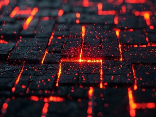 Stunning close-up of glowing lava cracks, showcasing the raw beauty and power of volcanic activity against a dark background.