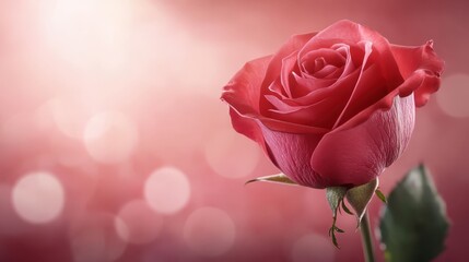 Elegant red rose on soft pink background, symbol of love and romance single