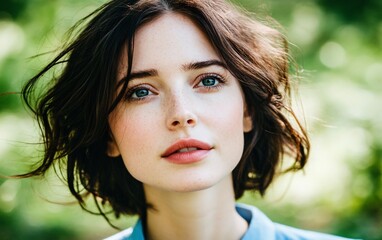 Naklejka premium Beautiful Woman with Freckles and Blue Eyes Outdoor Portrait