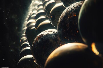 A collection of identical spheres arranged in a straight line