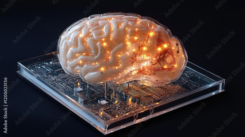 Poster Illuminated Brain Model on Circuit Board Display