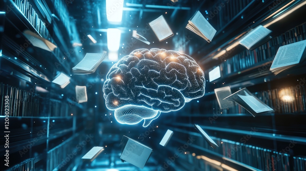 Poster glowing brain absorbing knowledge from books in library