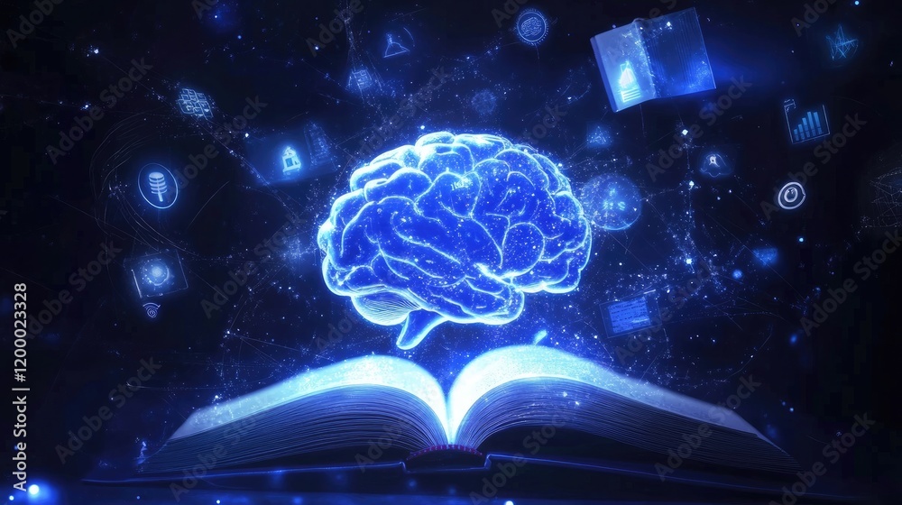 Poster Glowing Brain Above Open Book Representing Knowledge And Learning