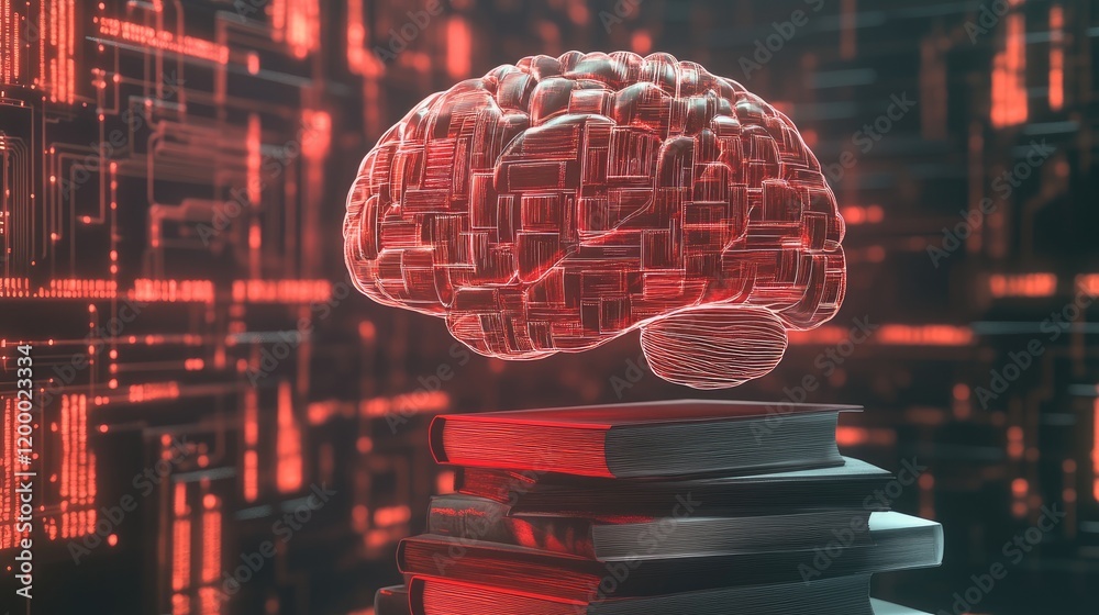 Poster digital brain above stack of books represents knowledge