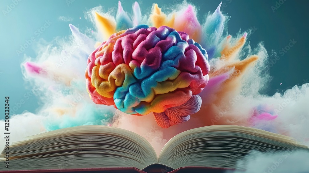 Poster Colorful Brain Exploding Above Open Book Knowledge