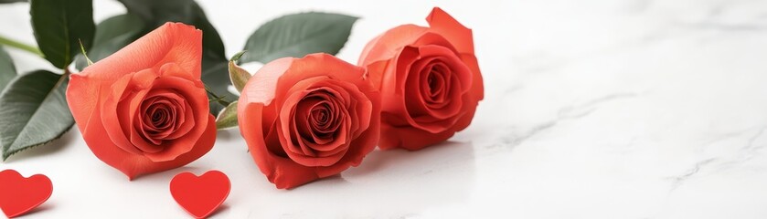 Three red roses with hearts on marble, symbol of love and romance three