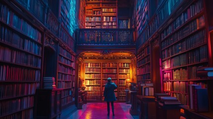 Naklejka premium A mystical library filled with countless books. The warm glow illuminates the shelves. An inviting atmosphere beckons readers to explore. Generative AI