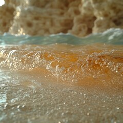 Obraz premium Golden wave, bubbly, beach, ocean, sunlight.