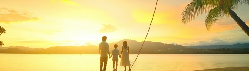 Fototapeta premium Romantic couple silhouette against a vibrant sunset on tranquil beach, perfect moment of love and togetherness