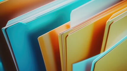 Close-up shot of stacked file folders on a desk or shelf