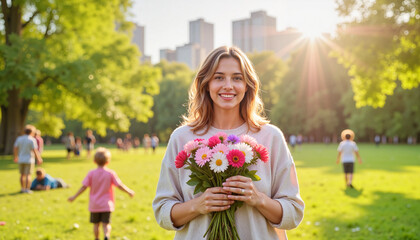 Fototapeta premium Smiling woman holding bouquet of flowers in sunny park, celebration of joy