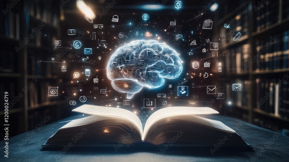 Poster Illuminated Brain Emerging From Open Book In Library Setting