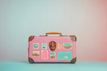 Charming retro suitcase adorned with colorful travel stickers against a pastel background. Generative AI