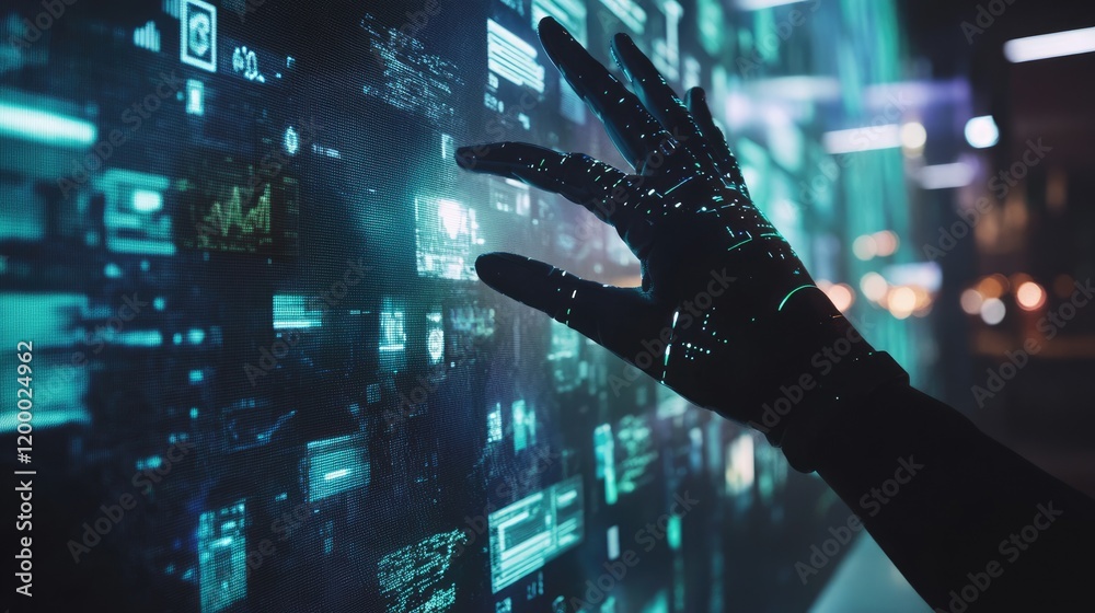 Poster robotic hand interacting with futuristic digital interface