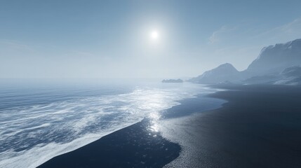 Obraz premium Serene Coastal Scene With Mountains And Bright Sun