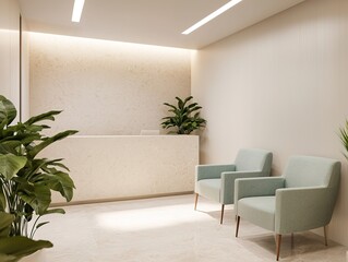 A modern reception area featuring light colors, minimalistic design, comfortable seating, and decorative plants that create a welcoming atmosphere.