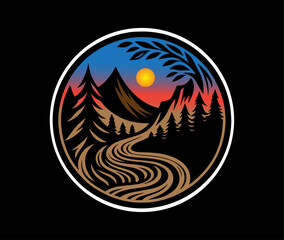 circular landscape, mountain silhouettes, winding river, pine trees, iconic badge design for t-shirt